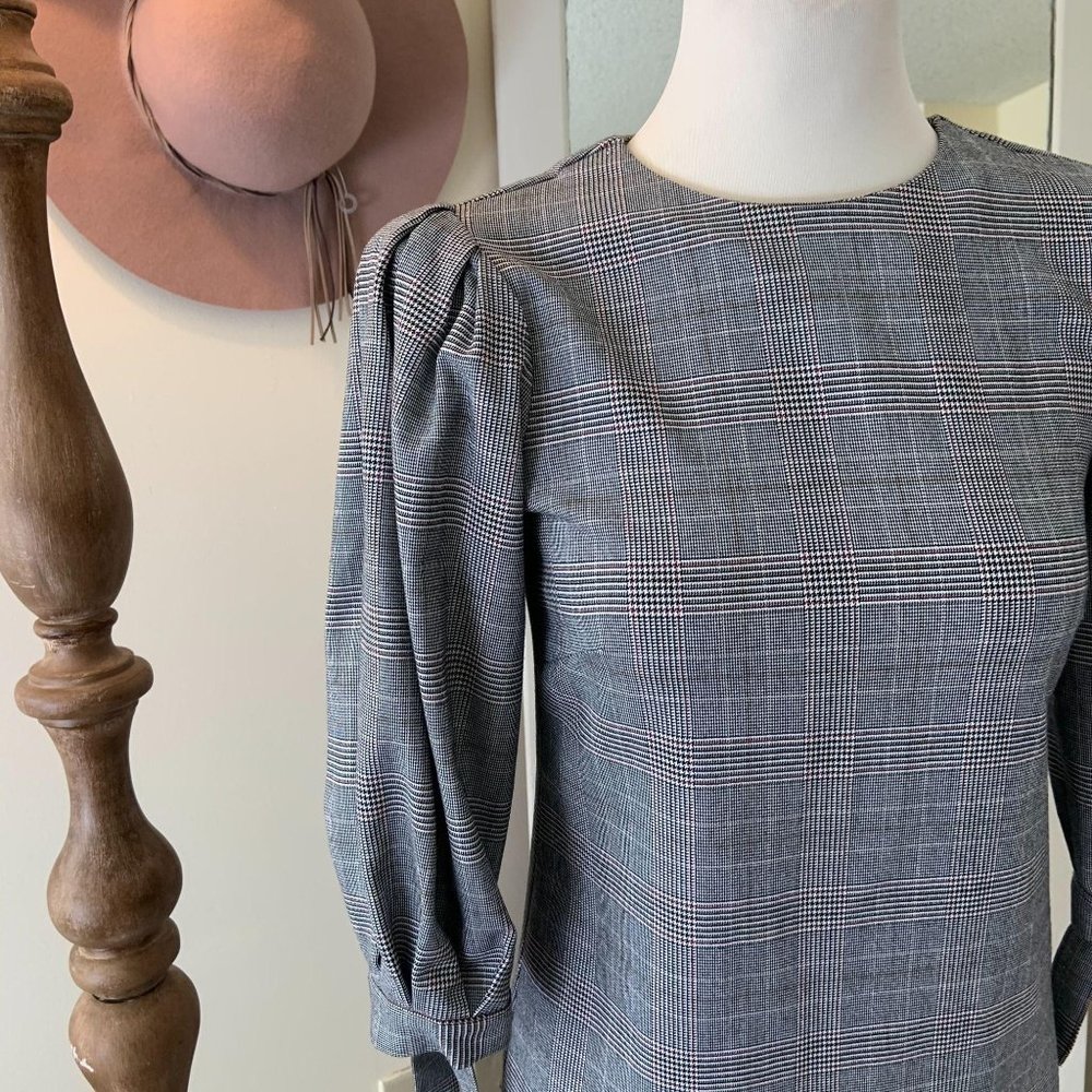 H&M Plaid Gingham Picnic Mini Dress Balloon Sleeve - Picture 2 of 10